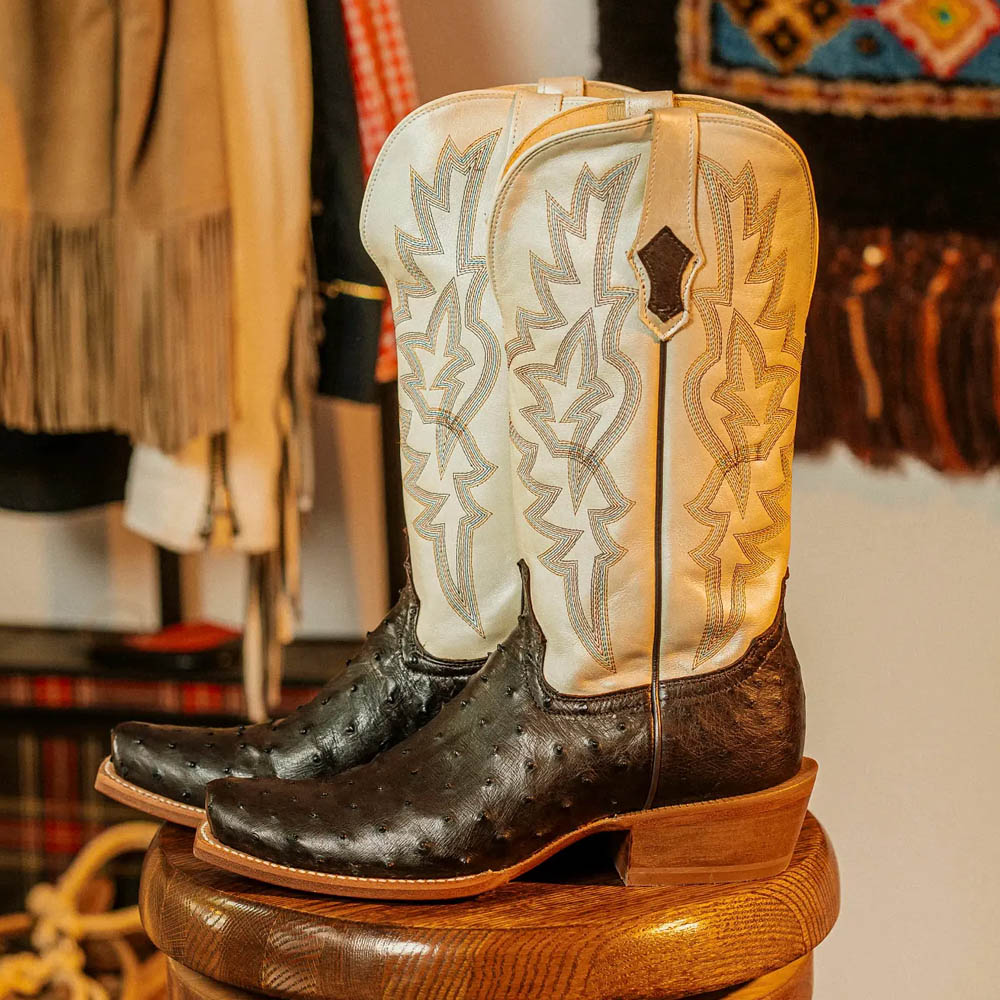 Featured Style: Rylen II 13” Full Quill Ostrich Western boot in beige and dark brown. Shop this style.
